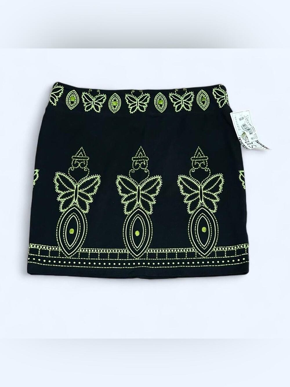 NWT Vintage Basil Black Neon Green Beaded Butterfly Mini Skirt Large Y2K